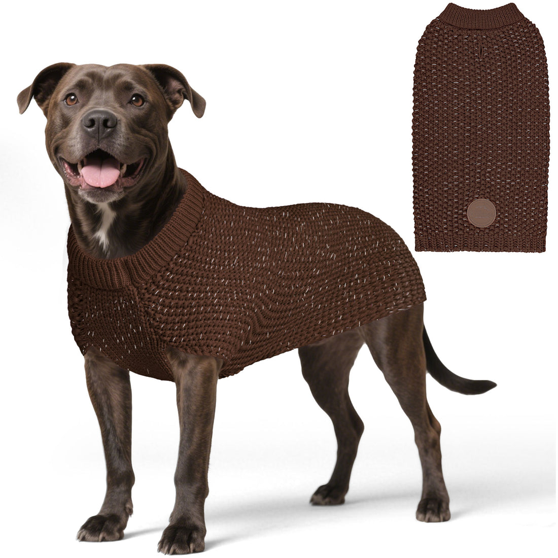 Brown knit dog sweater with ribbed neck and small round patch detail, side view
