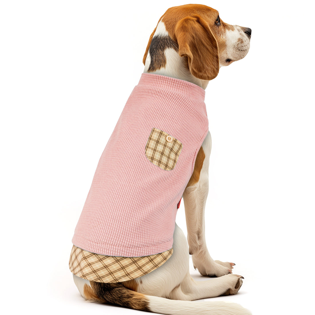Pink waffle plaid sleeveless dog shirt with plaid pocket detail