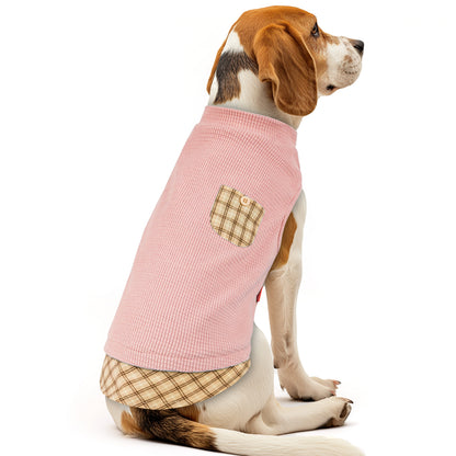 Pink waffle plaid sleeveless dog shirt with plaid pocket detail
