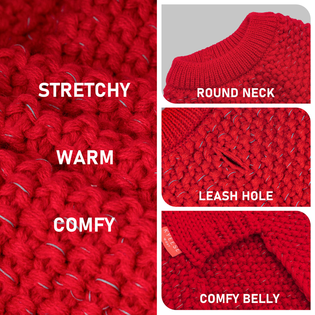Hunter-style reflective dog sweater, red knit close-up with leash hole and comfy belly cut