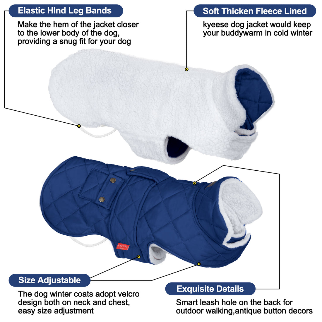 Blue quilted dog coat with elastic leg bands and soft fleece lining at hood