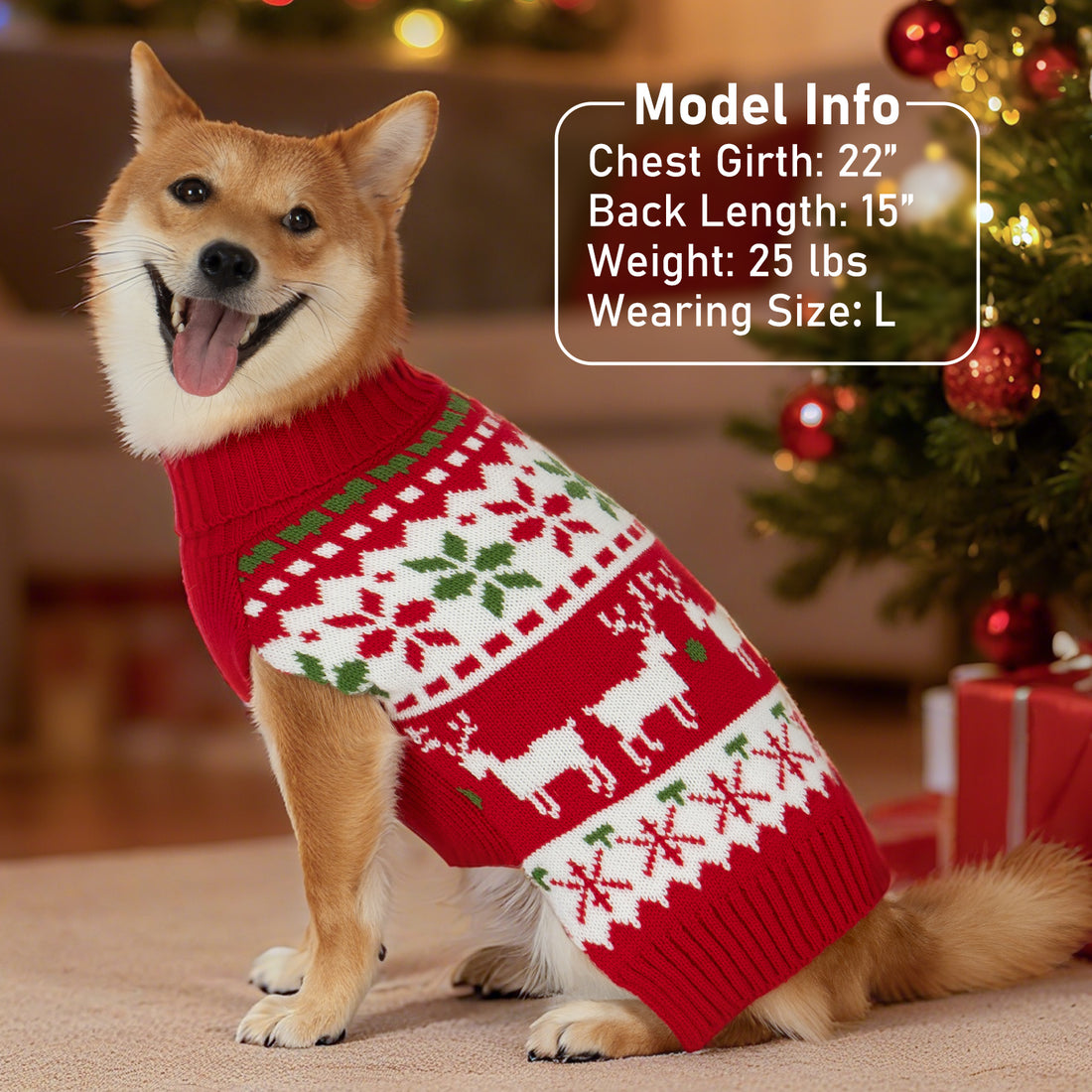 Red dog sweater with reindeer and snowflake jacquard knit, ribbed turtleneck