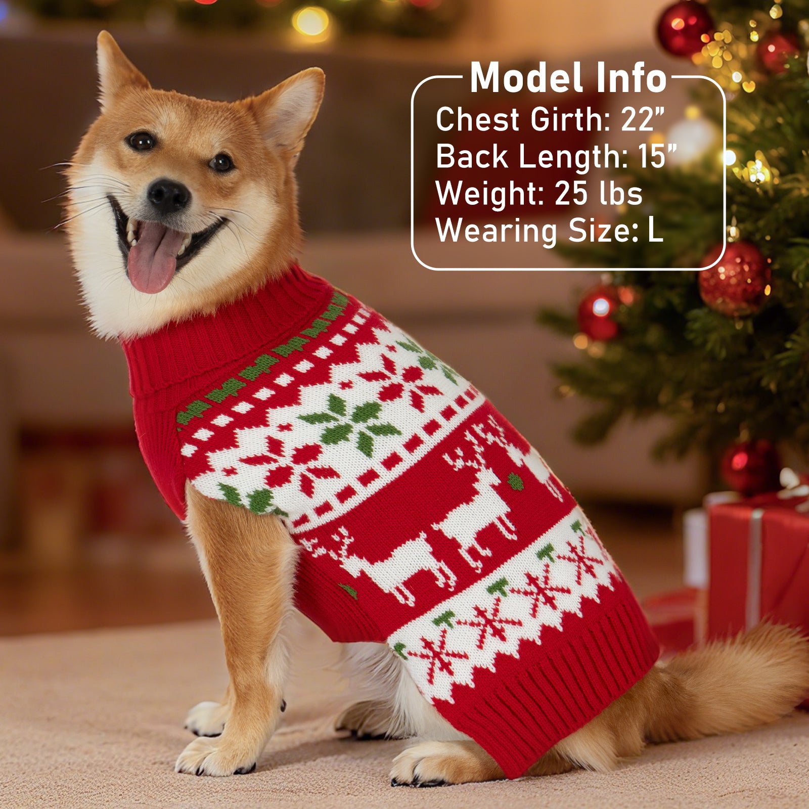 Red dog sweater with reindeer and snowflake jacquard knit, ribbed turtleneck