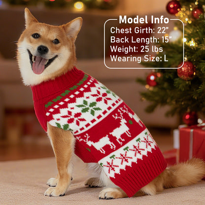 Red dog sweater with reindeer and snowflake jacquard knit, ribbed turtleneck