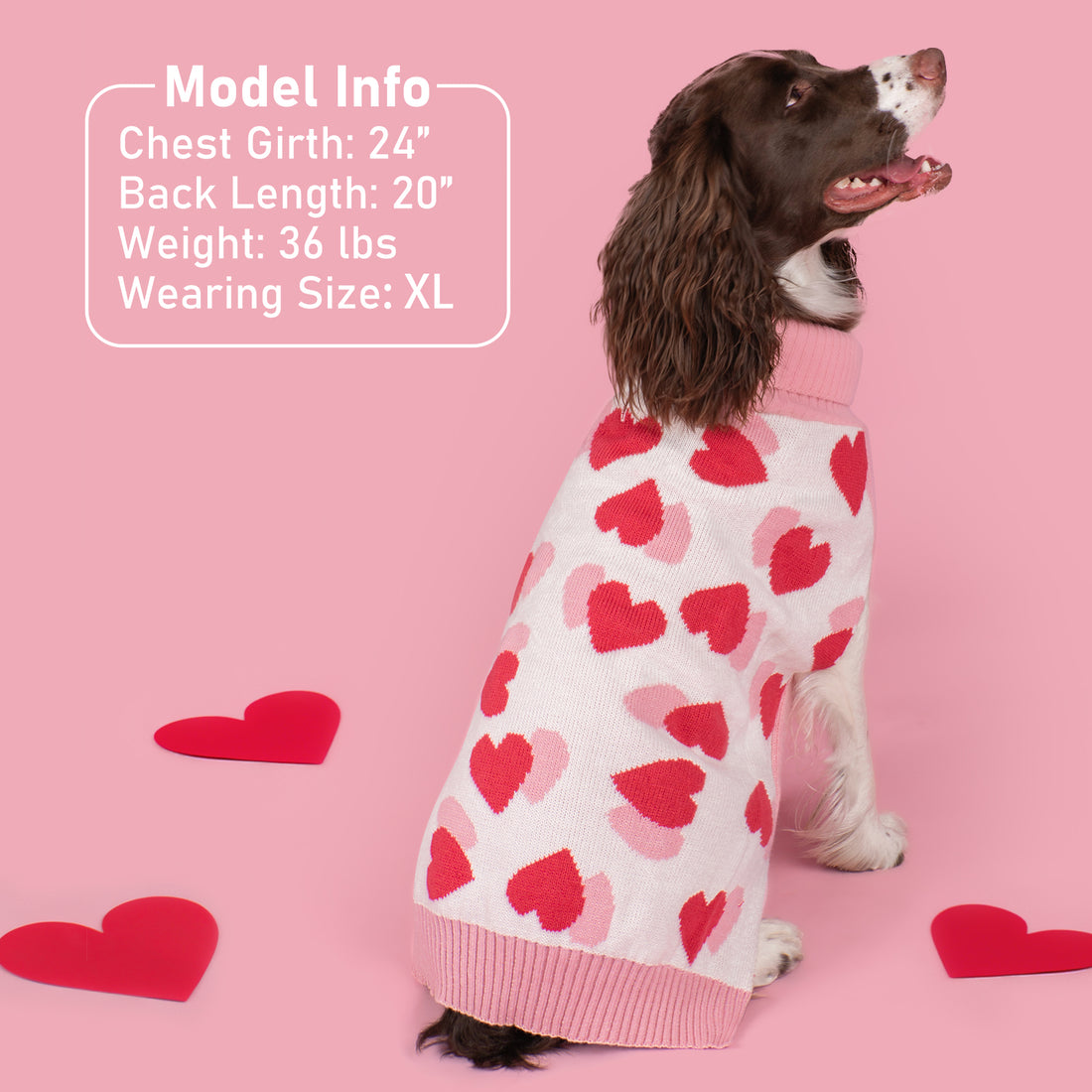 Dog sweater with red heart pattern on pink-and-white knit and ribbed bottom