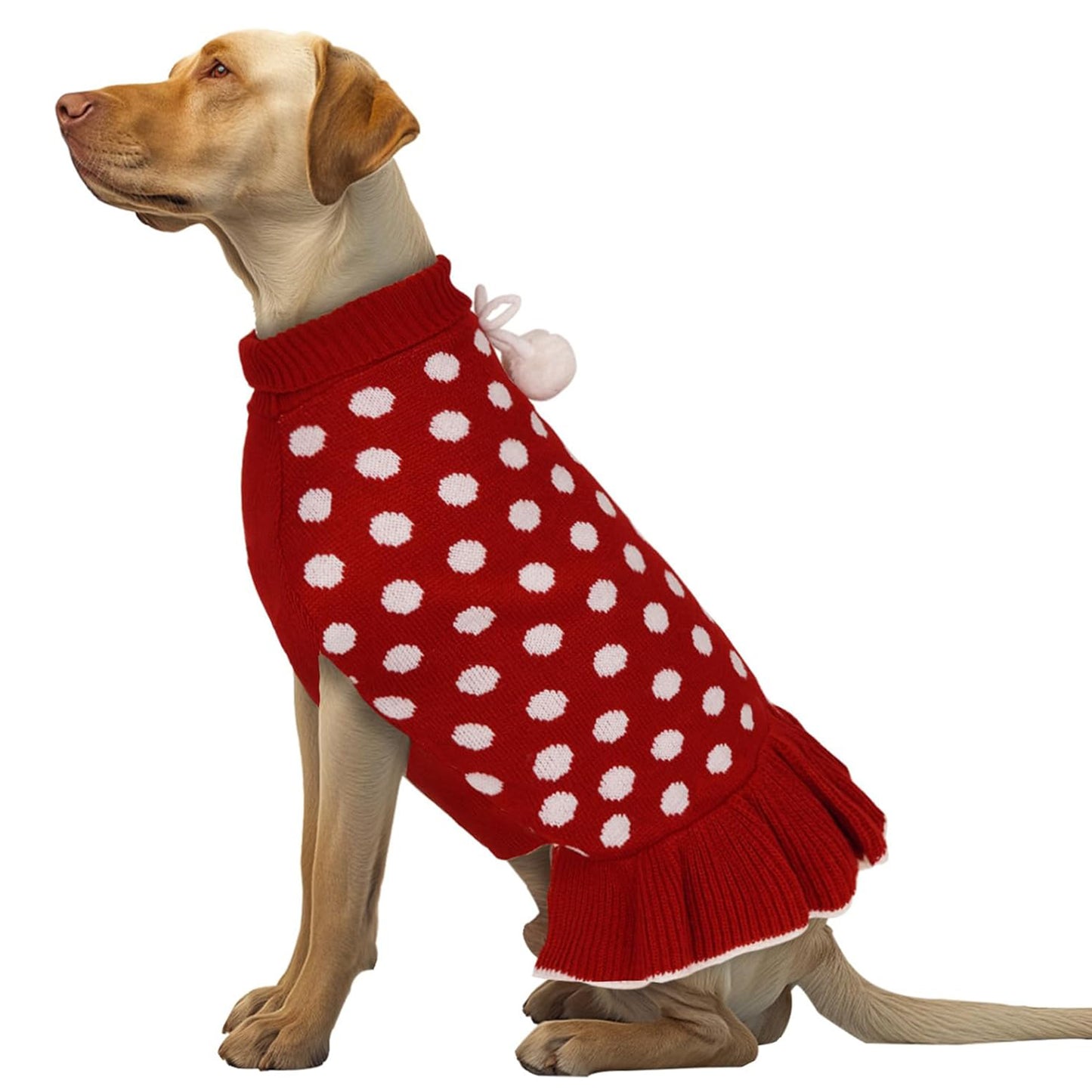 Red dog sweater dress with white polka dots, pom pom detail, and ribbed cuffs.