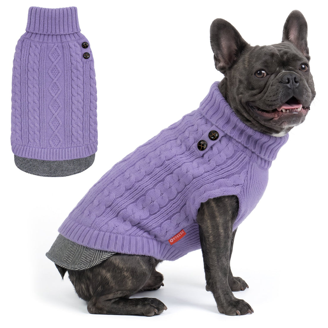 Black French bulldog wearing purple cable knit turtleneck beside garment flat lay