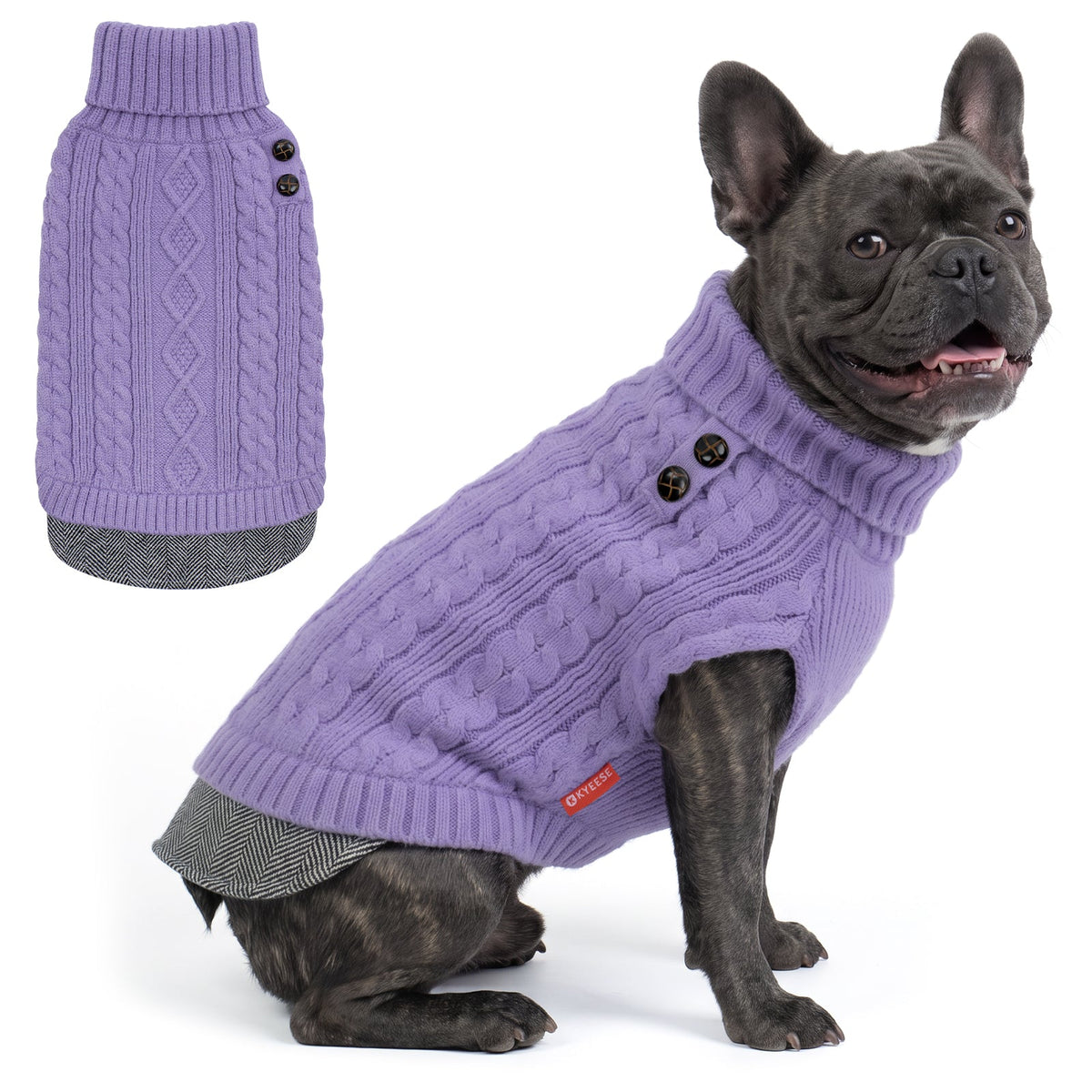 Black French bulldog wearing purple cable knit turtleneck beside garment flat lay
