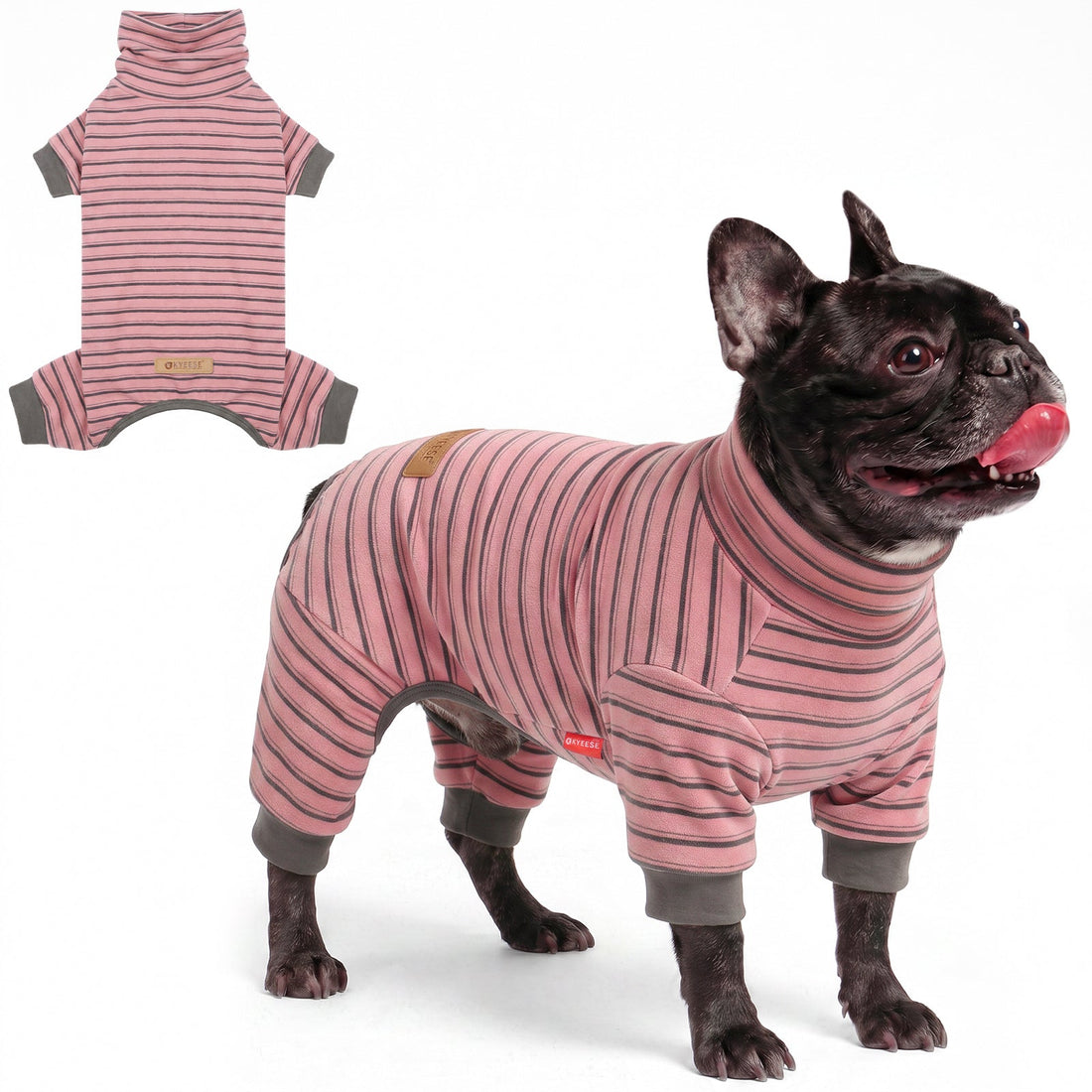 Black French bulldog in pink striped pajamas with gray cuffs, side view