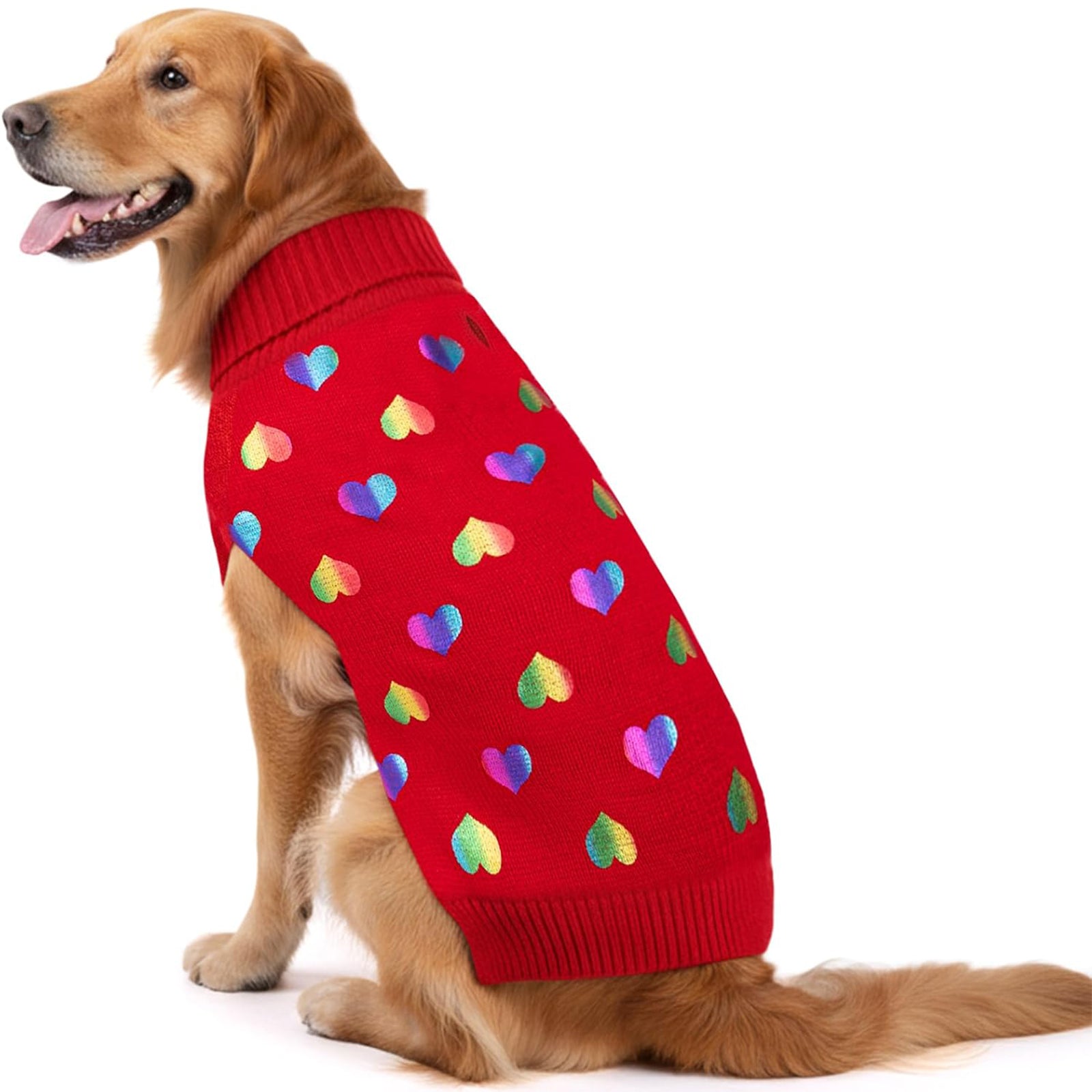 Red knit dog sweater with multicolor heart pattern and ribbed turtleneck