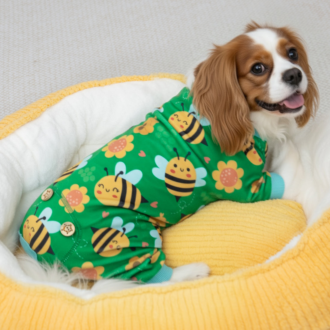Green dog onesie pajamas with bee print and light blue cuffs, close-up while lounging.