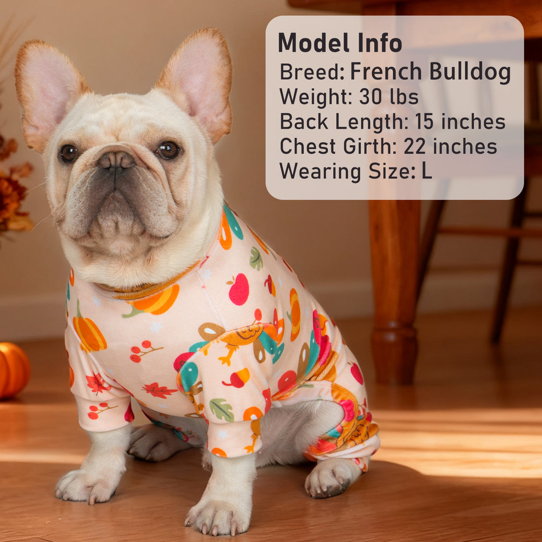 Dog onesie pajamas in cream with colorful Thanksgiving turkey and leaf print