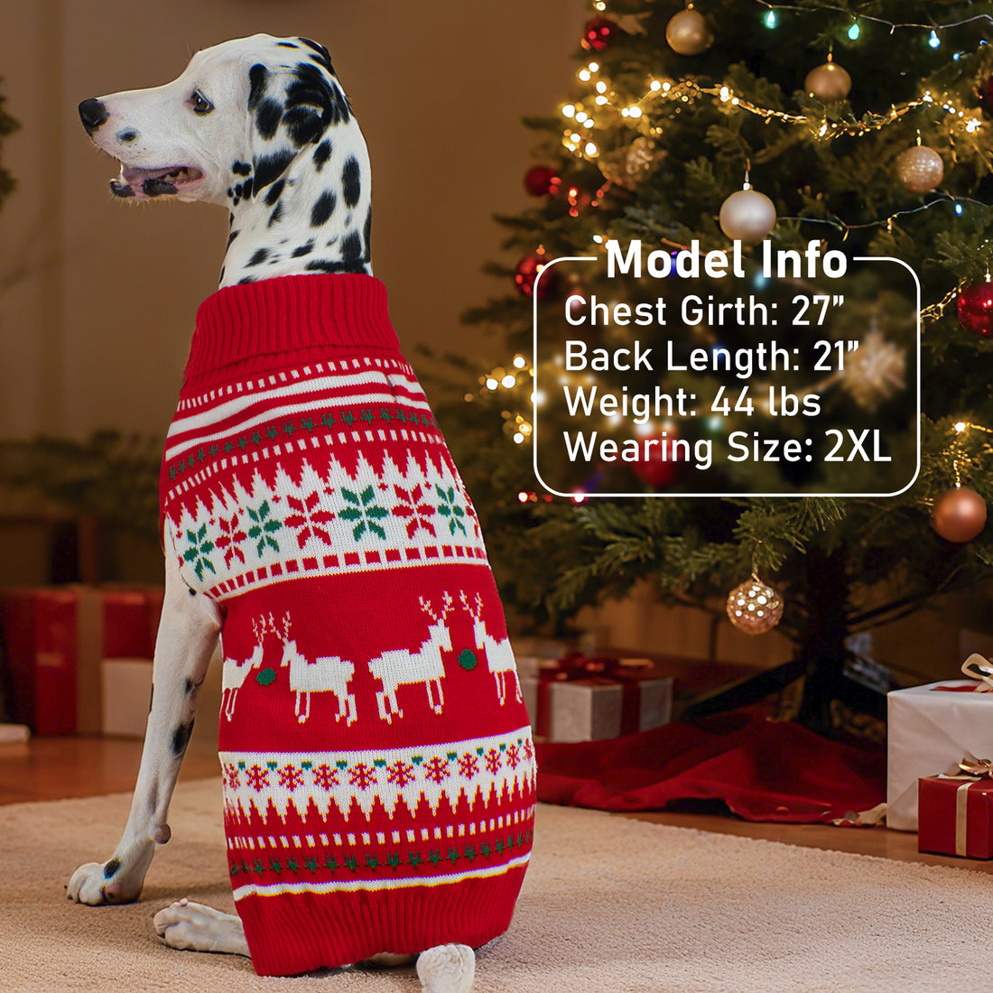 Red knit dog sweater with reindeer and snowflake jacquard pattern, ribbed turtleneck