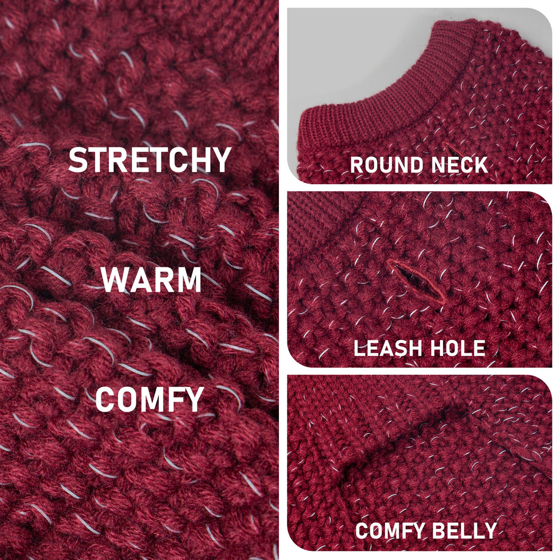 Wine red knit dog sweater details: stretchy fabric, ribbed round neck and belly coverage