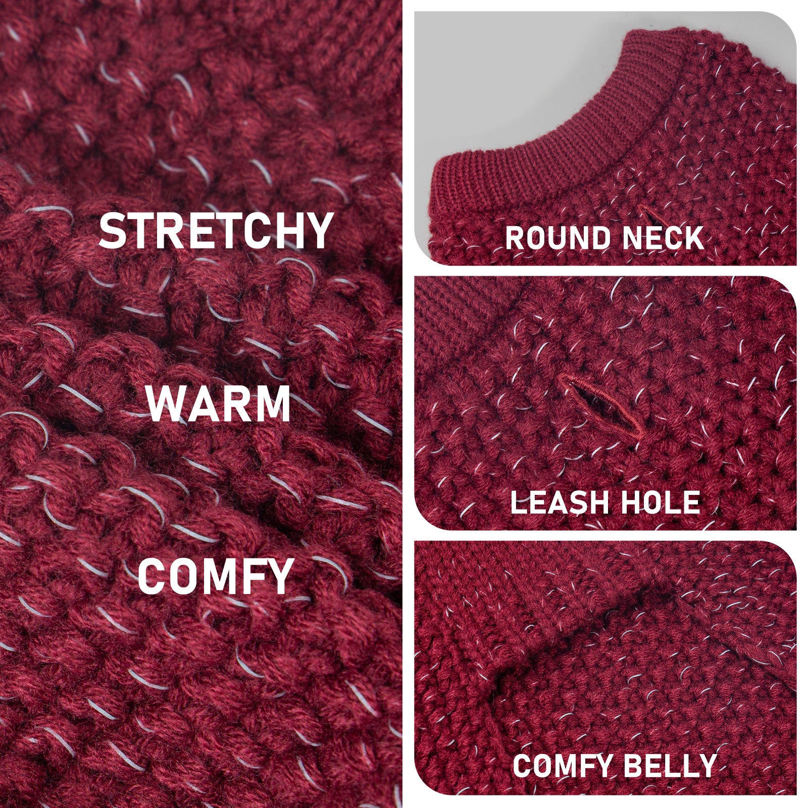 Wine red knit dog sweater details: stretchy fabric, ribbed round neck and belly coverage