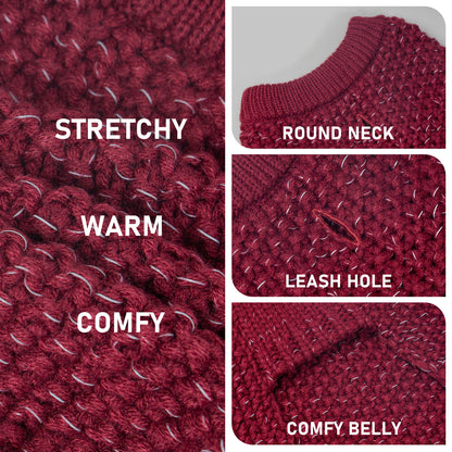Wine red knit dog sweater details: stretchy fabric, ribbed round neck and belly coverage