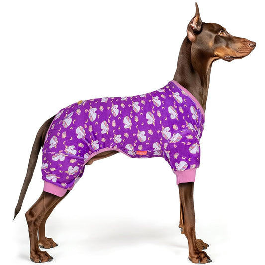 Purple dog unicorn onesie pajamas with long sleeves and pink ribbed cuffs.