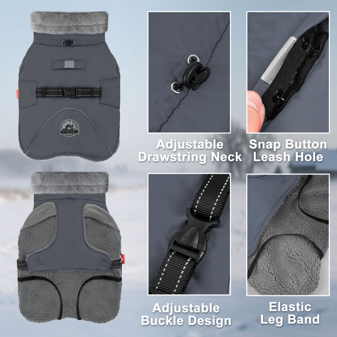 Gray fleece-lined windproof dog coat details: adjustable neck drawstring, leash hole, elastic leg bands.