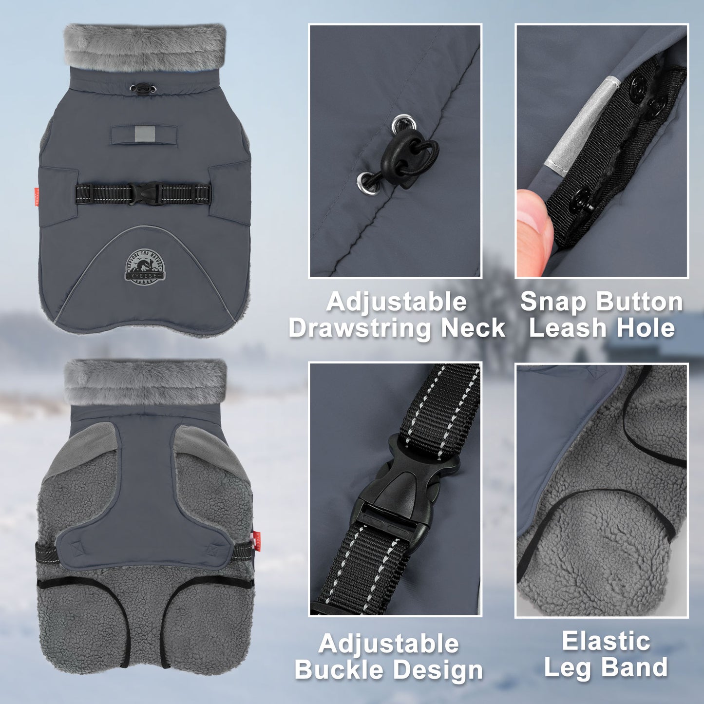 Gray fleece-lined windproof dog coat details: adjustable neck drawstring, leash hole, elastic leg bands.