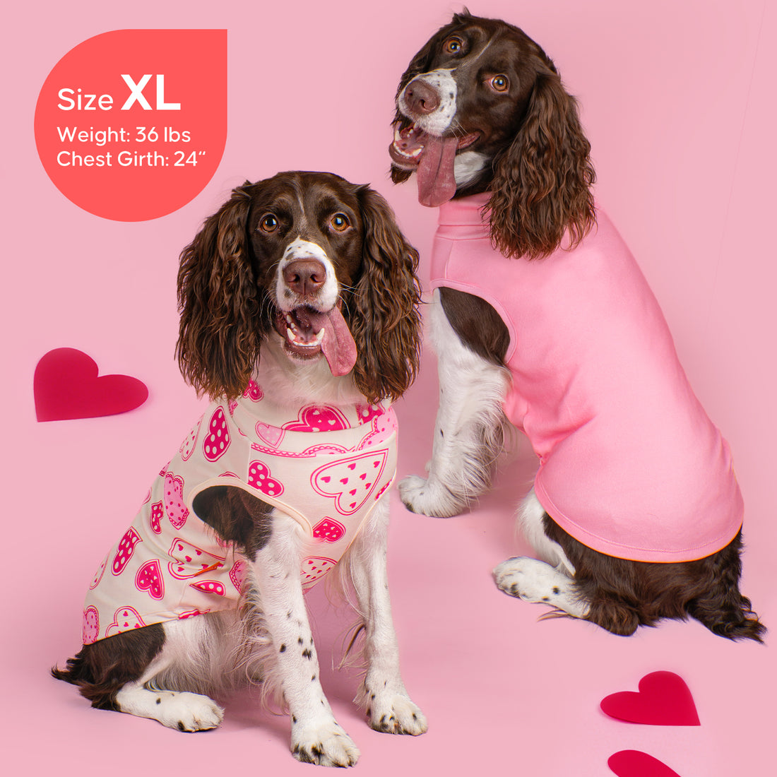 Sleeveless dog shirt in pink with heart pattern, plus solid pink matching shirt