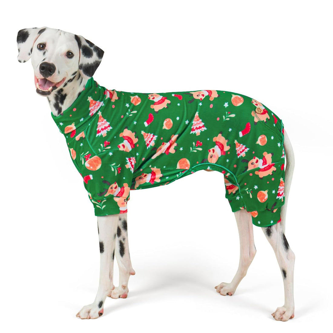 Green turtleneck dog Christmas pajamas with holiday animal print, long sleeves