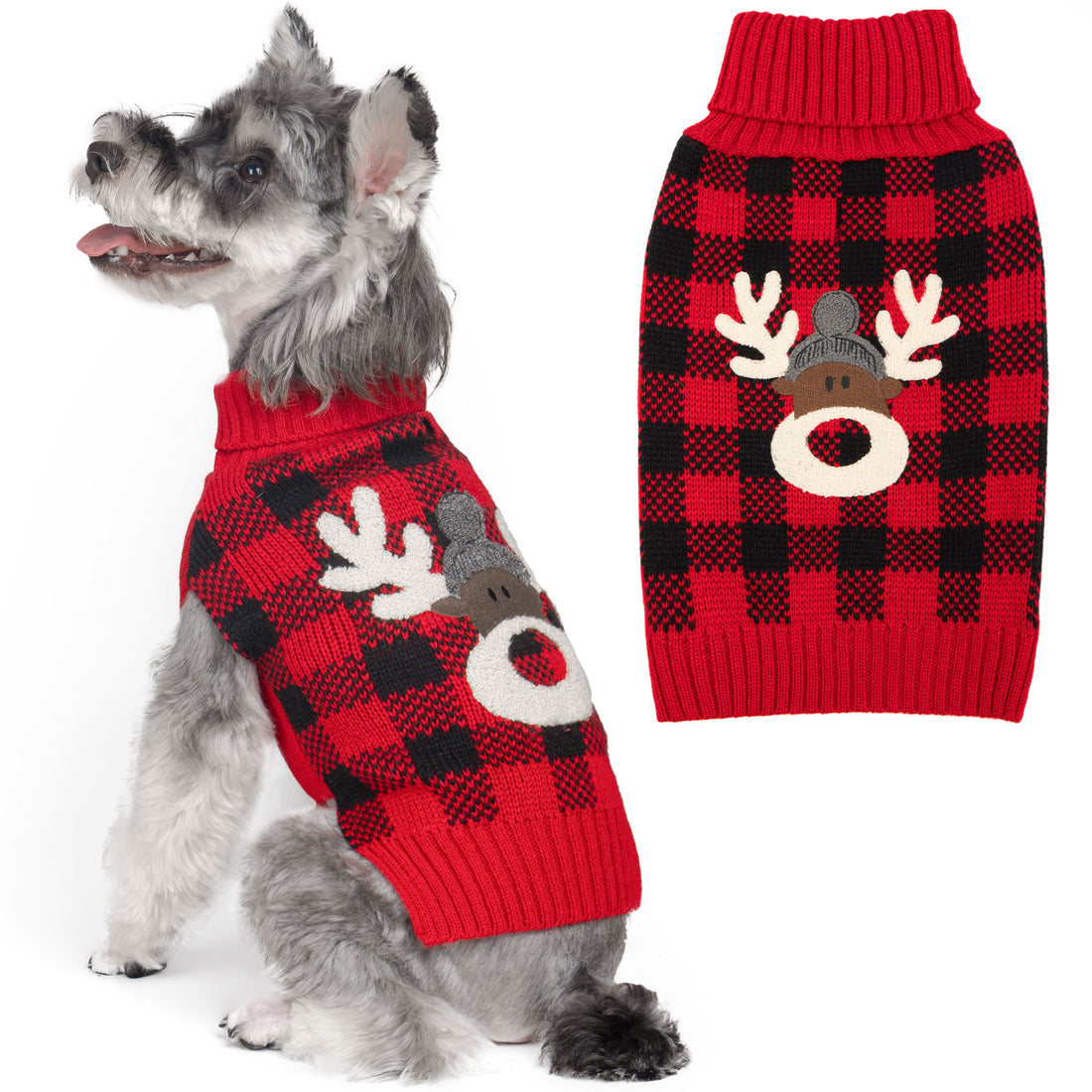 Red and black plaid dog sweater with reindeer graphic and ribbed turtleneck collar.