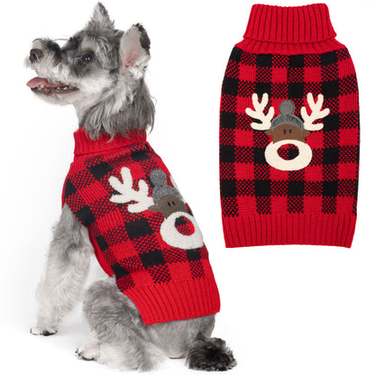Red and black plaid dog sweater with reindeer graphic and ribbed turtleneck collar.