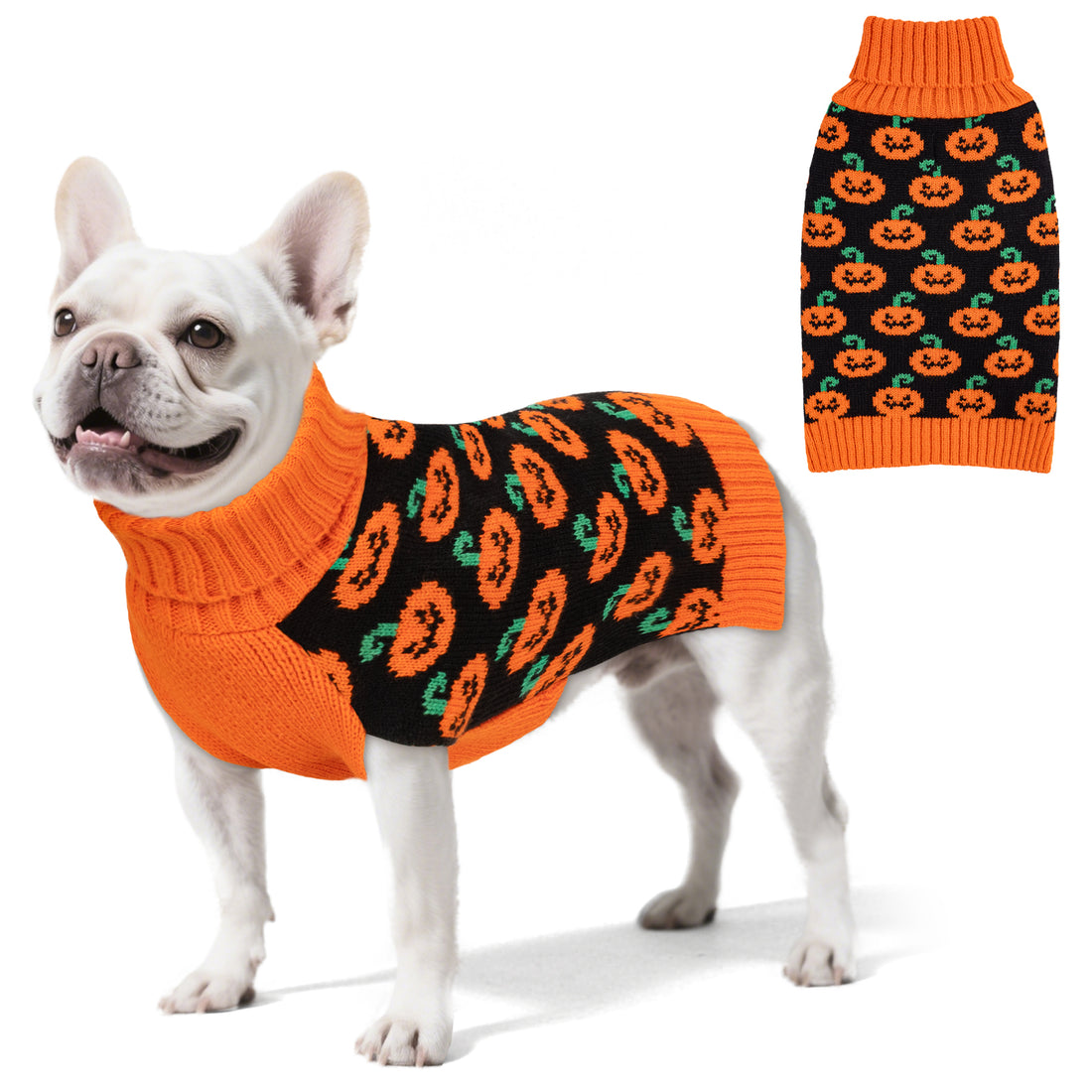 Orange and black pumpkin-pattern dog sweater with turtleneck and arm holes