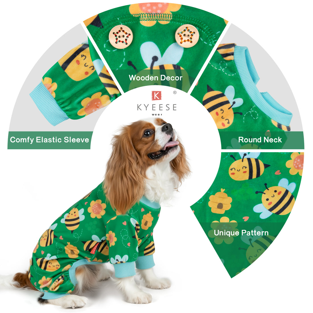Green dog onesie pajamas with bee print and light blue neckline and cuffs, displayed on model.