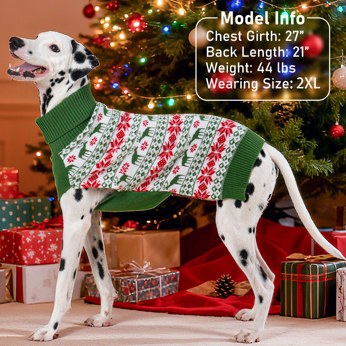 Dog sweater green with red/white fair isle knit and ribbed turtleneck