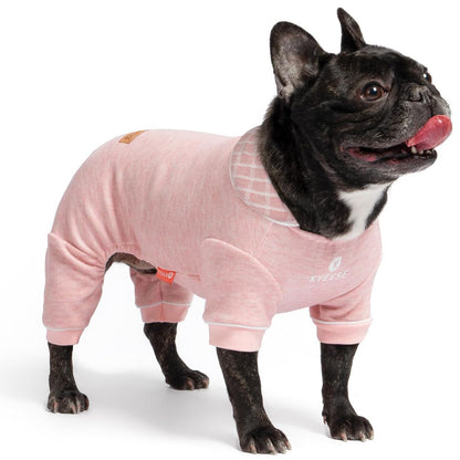 Pink ribbed collared thermal dog pajamas with long sleeves and elastic belly opening
