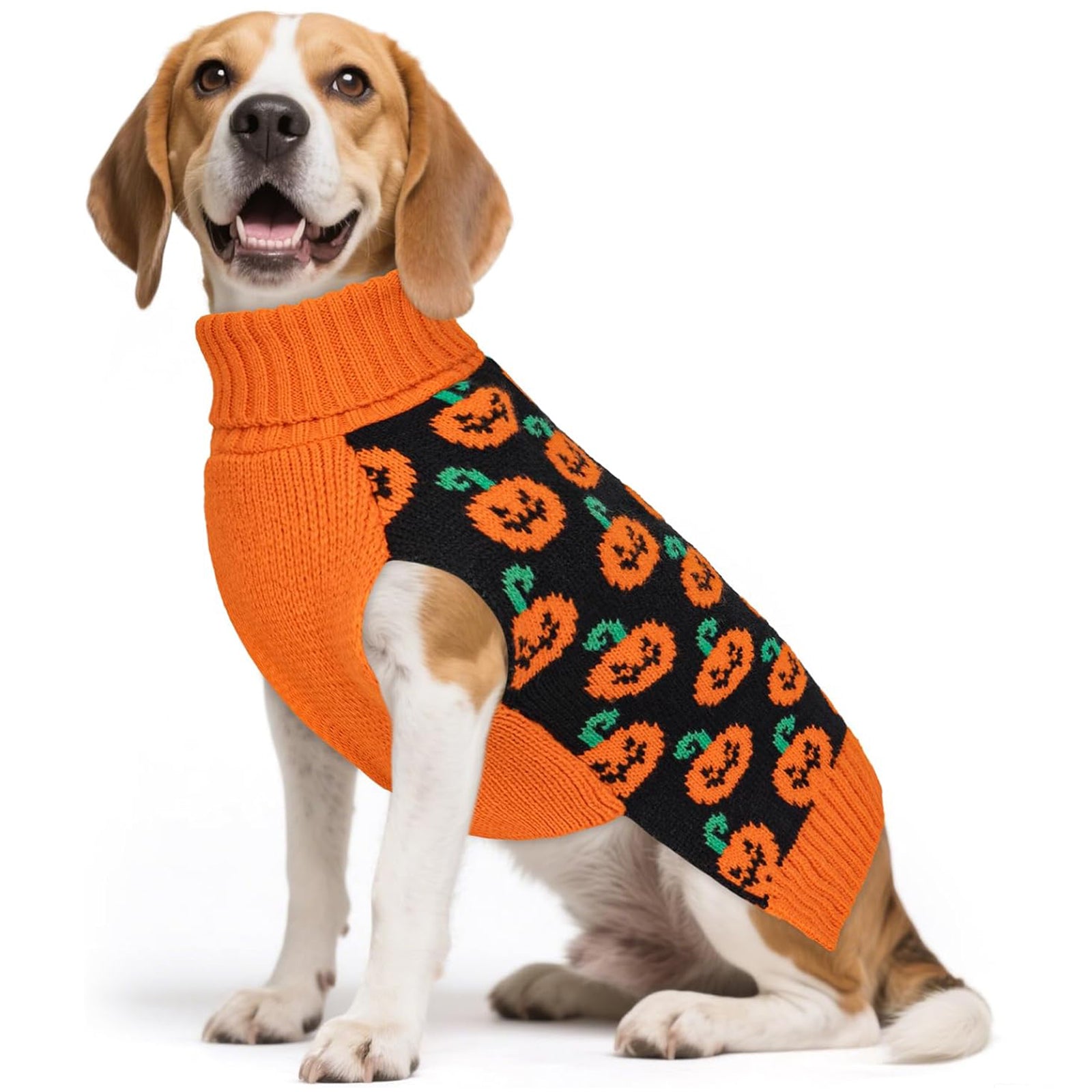 Orange knitted dog sweater with black pumpkin pattern and turtleneck