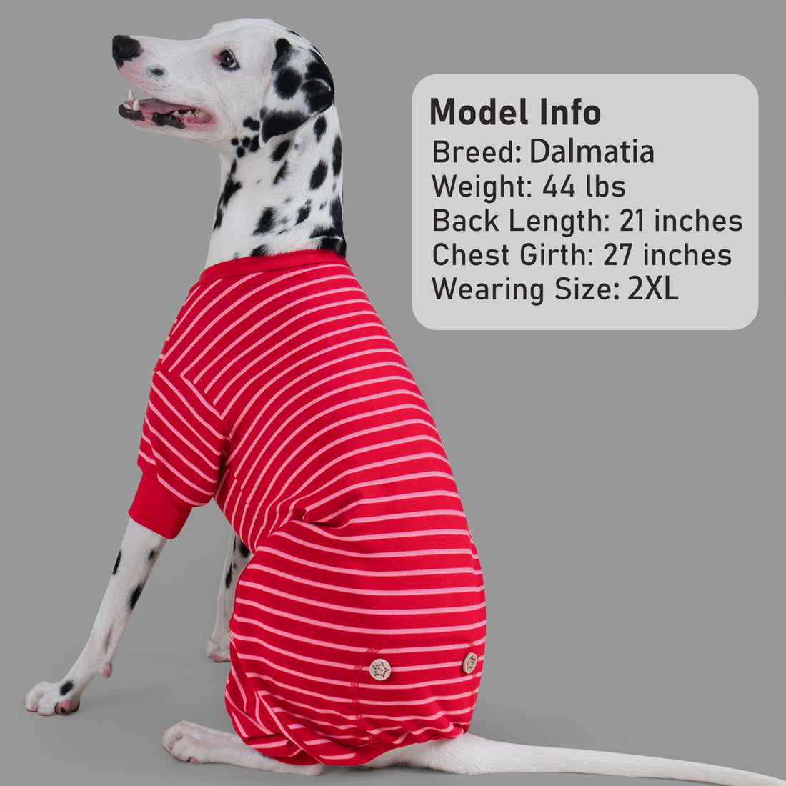 Red striped dog onesie pajamas with white lines, round neck, and elastic leg openings