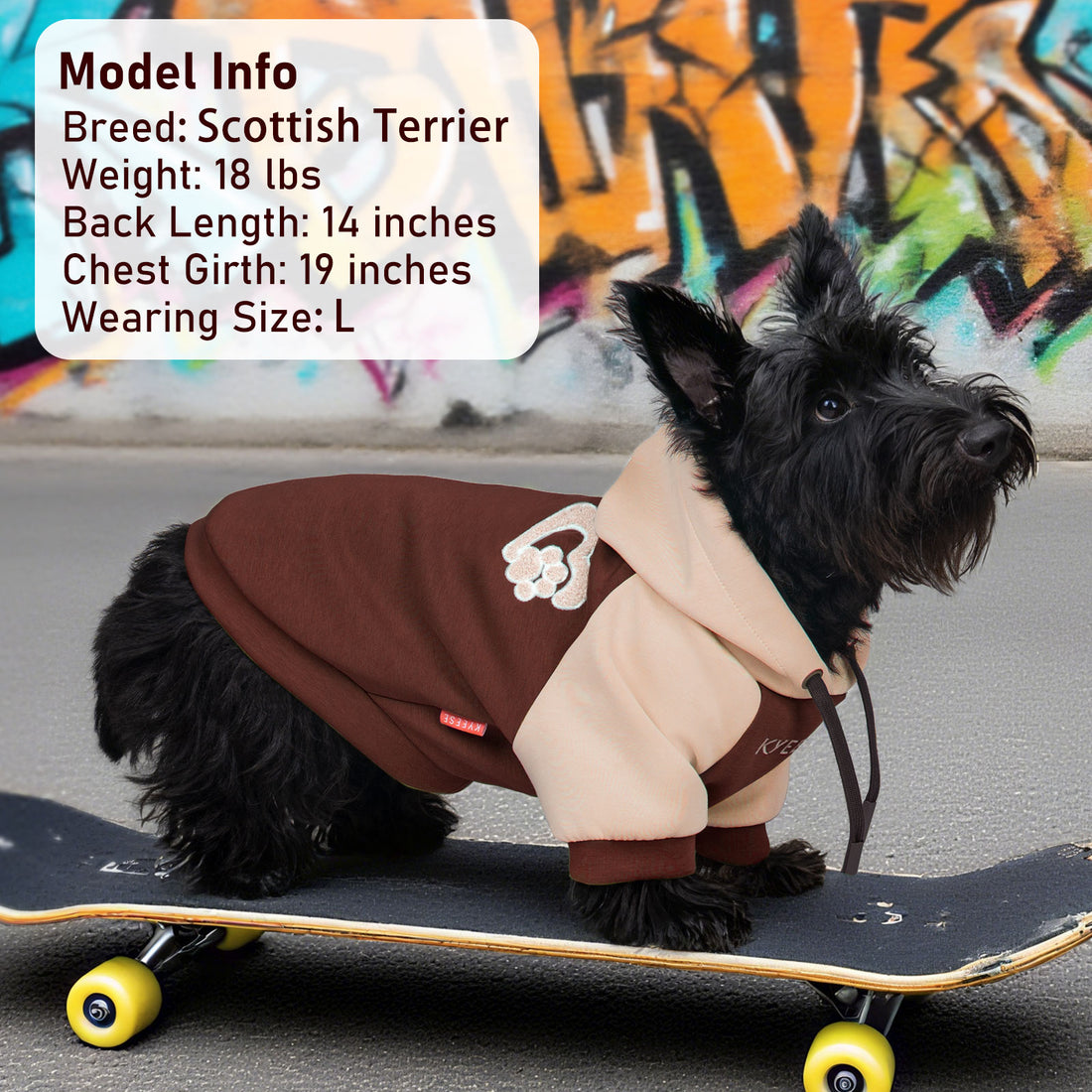Bicolor dog hoodie with light beige hood and dark brown body, paw applique on chest.