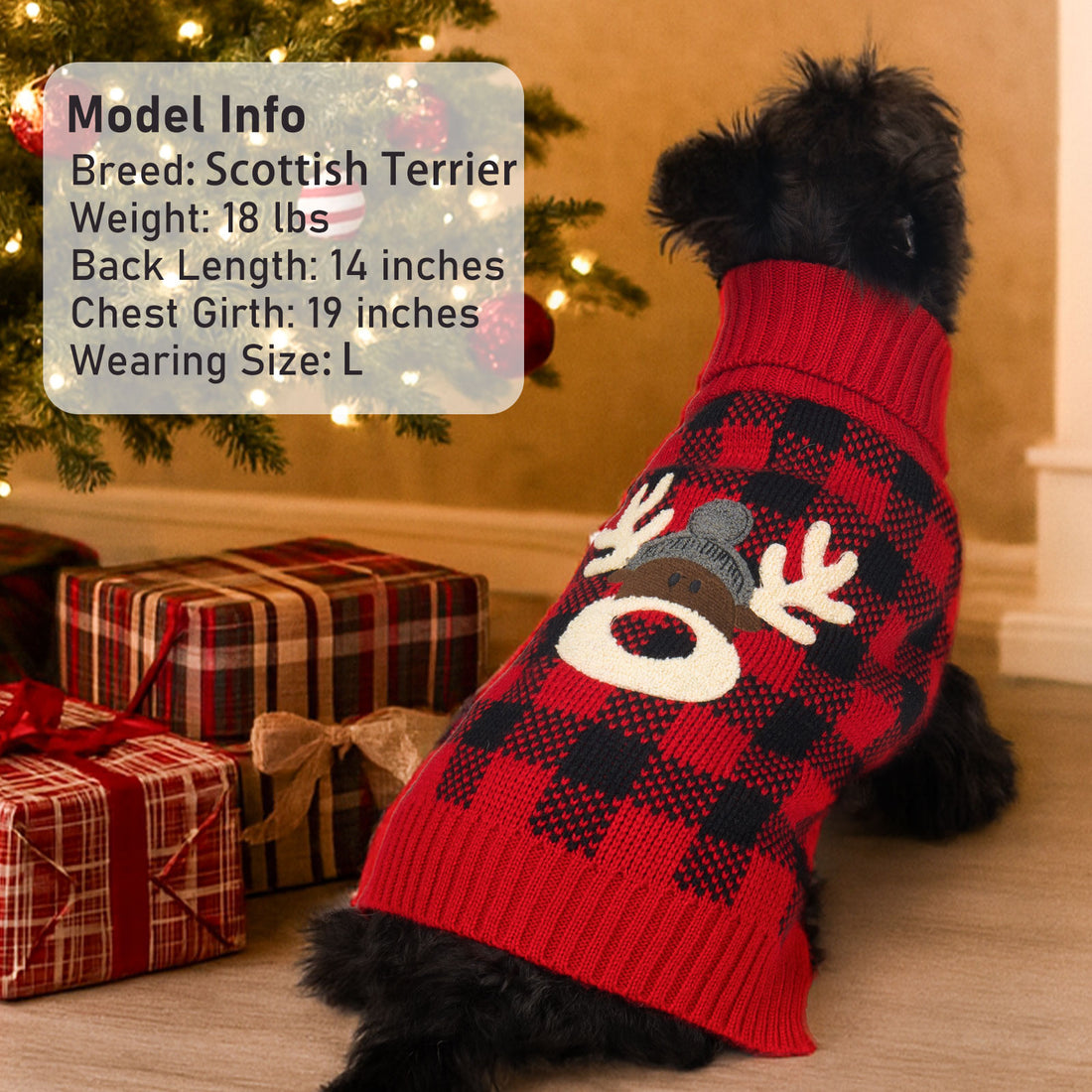 Red and black plaid knit dog sweater with reindeer face applique and ribbed hem.