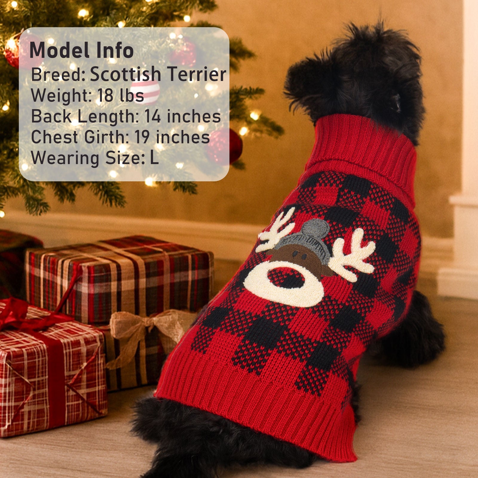 Red and black plaid knit dog sweater with reindeer face applique and ribbed hem.