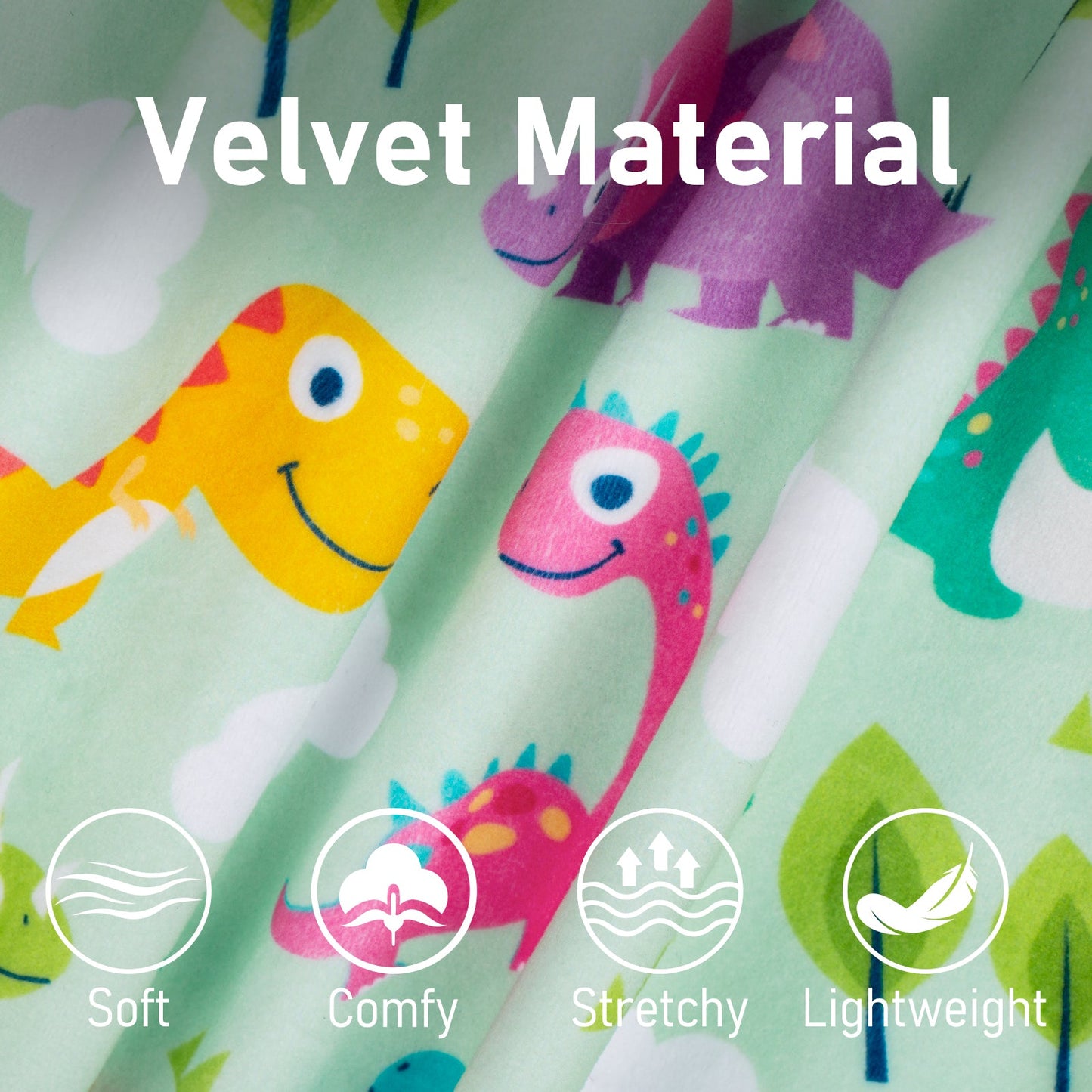 Turquoise fabric with colorful cartoon dinosaur faces and green accents