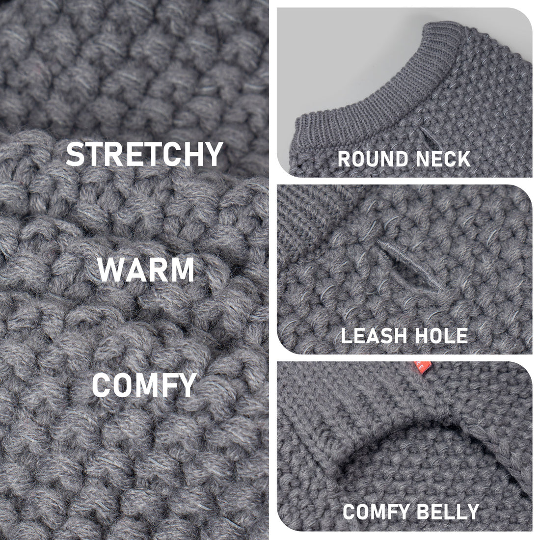Grey chunky knit dog sweater fabric detail with ribbed round neck and leash-hole opening