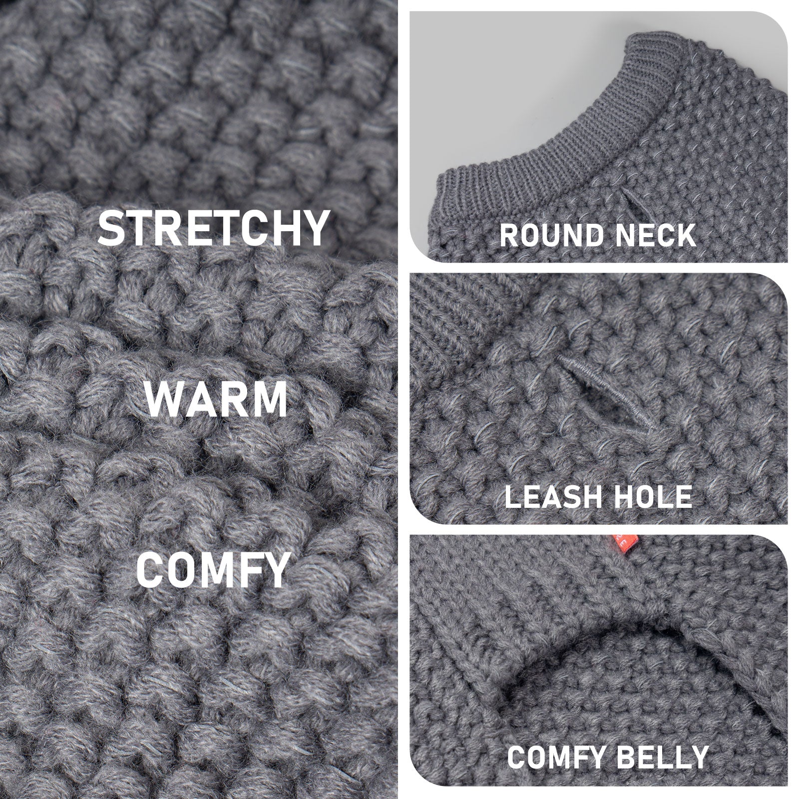 Grey chunky knit dog sweater fabric detail with ribbed round neck and leash-hole opening