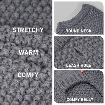 Grey chunky knit dog sweater fabric detail with ribbed round neck and leash-hole opening