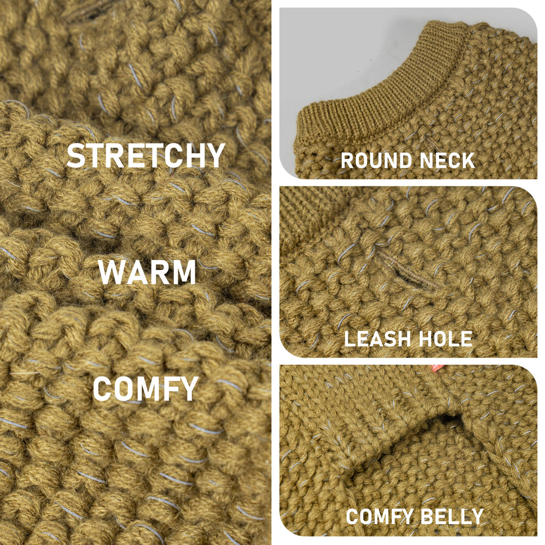 Olive chunky knit dog sweater detail with ribbed round neck and leash-hole opening