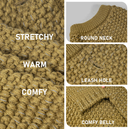 Olive chunky knit dog sweater detail with ribbed round neck and leash-hole opening