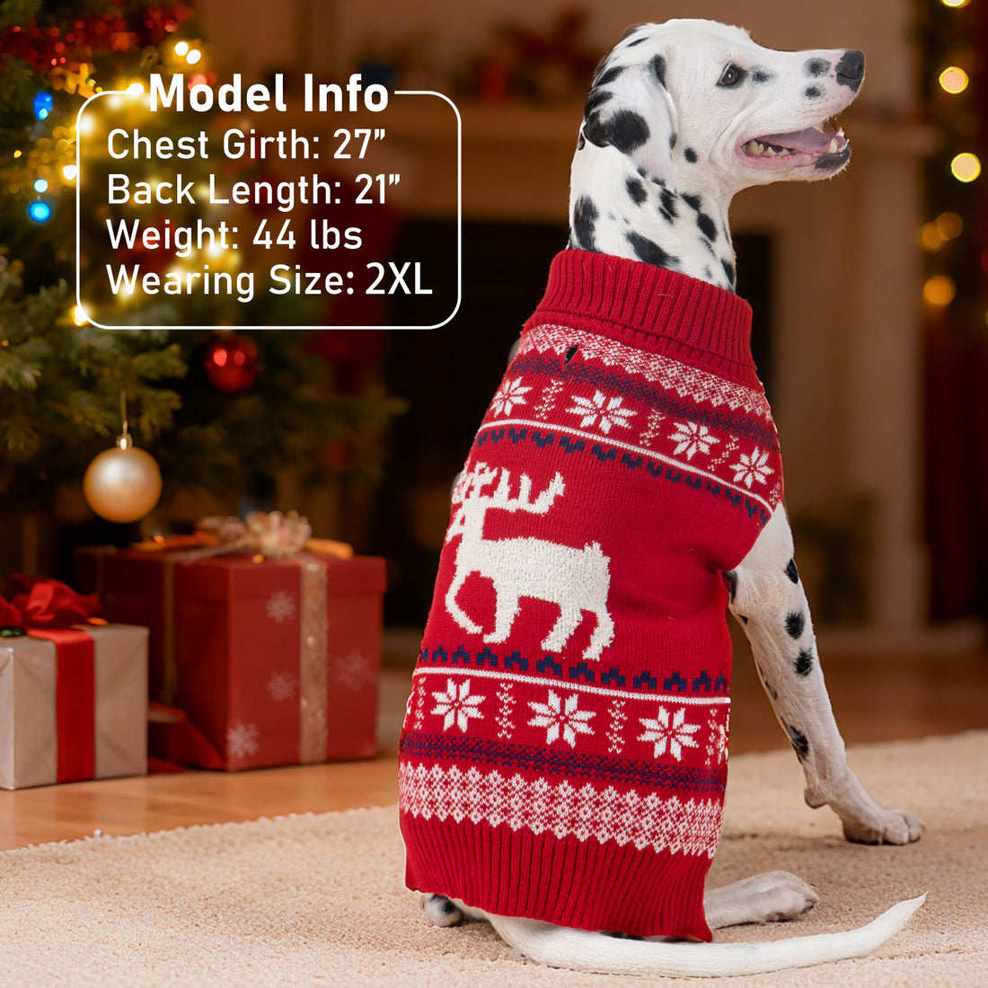 Red knit dog sweater viewed from side with reindeer fair isle pattern