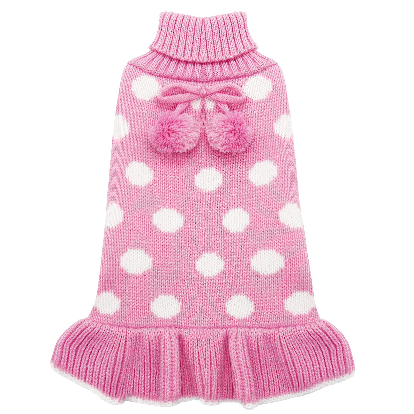 Pink dog sweater dress with white polka dots, bow and pom pom accents, ribbed turtleneck.