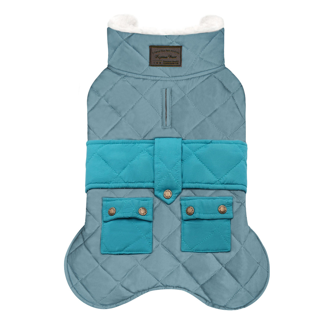 Quilted dog coat with pocket, teal front panel with four pocket sections and fleece lining.