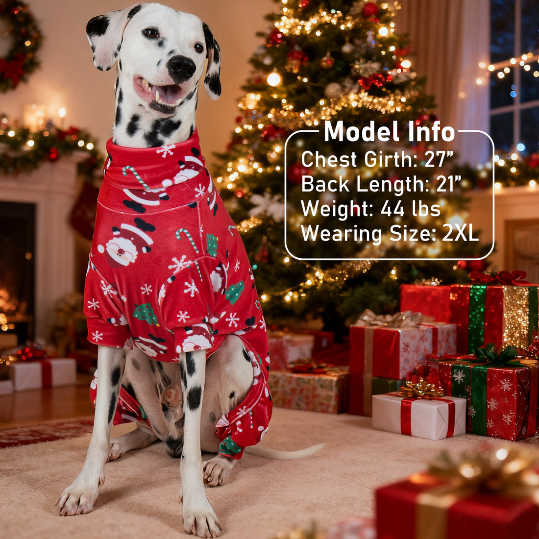 Red turtleneck dog Christmas pajamas with holiday character and snowflake prints, long sleeves
