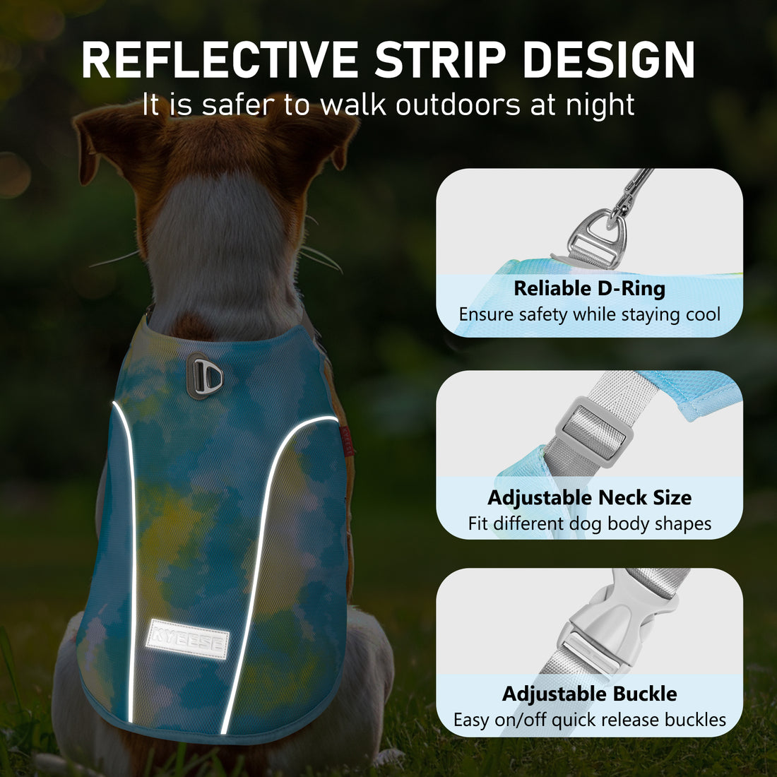 Blue dog cooling vest with reflective strip and adjustable neck and buckle straps