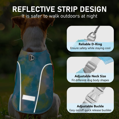 Blue dog cooling vest with reflective strip and adjustable neck and buckle straps