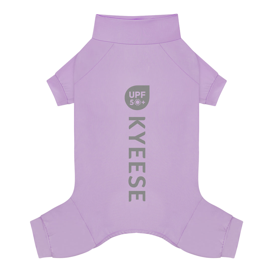 Purple dog UV pajama suit, flat back view with short sleeves and leg holes