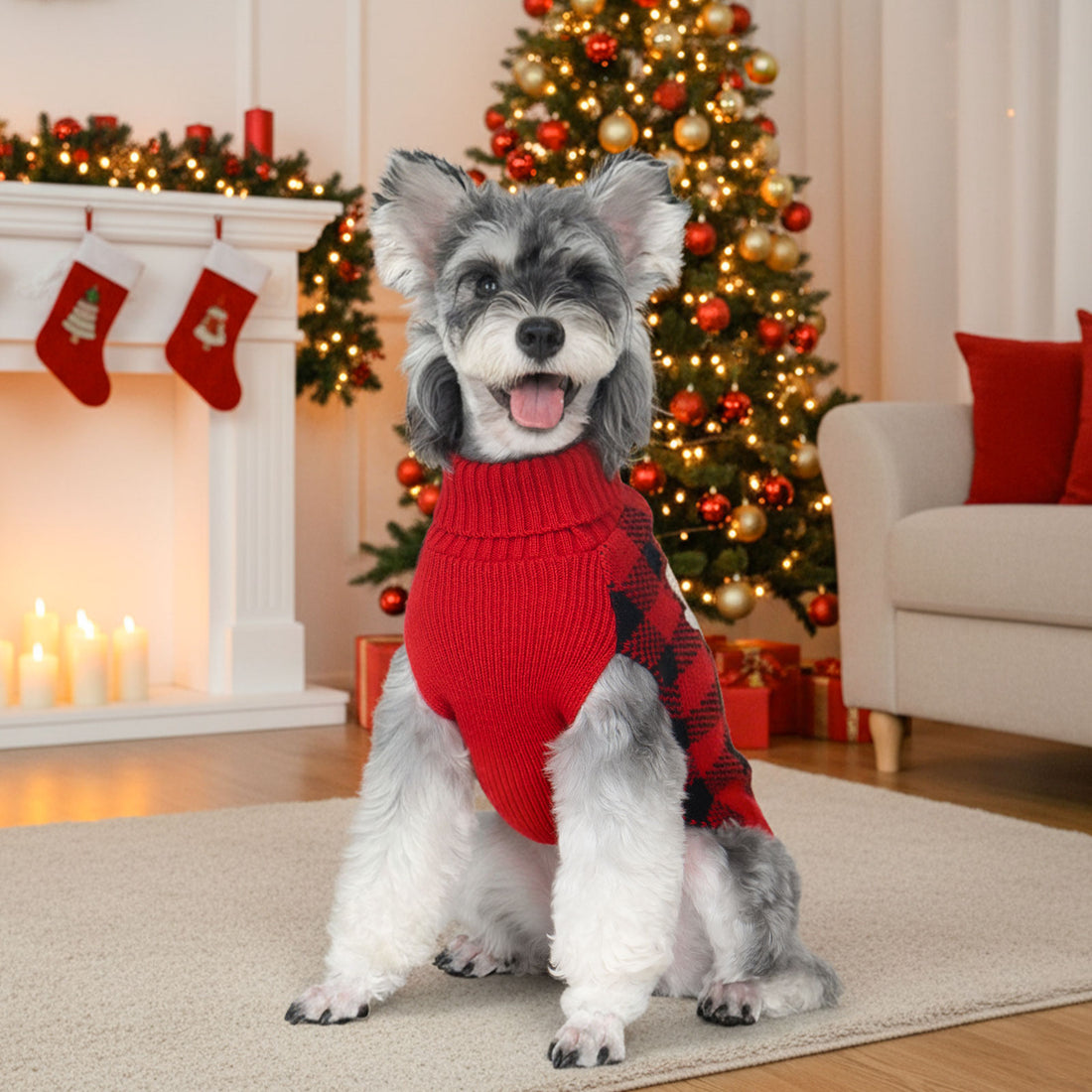 Dog sweater in red knit with snowman applique and red ribbed turtleneck on a pet